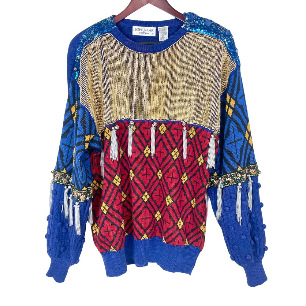 Vintage 80s Ugly Sweater Sz S Embellished Jingle Bells Beaded Maximalist Holiday